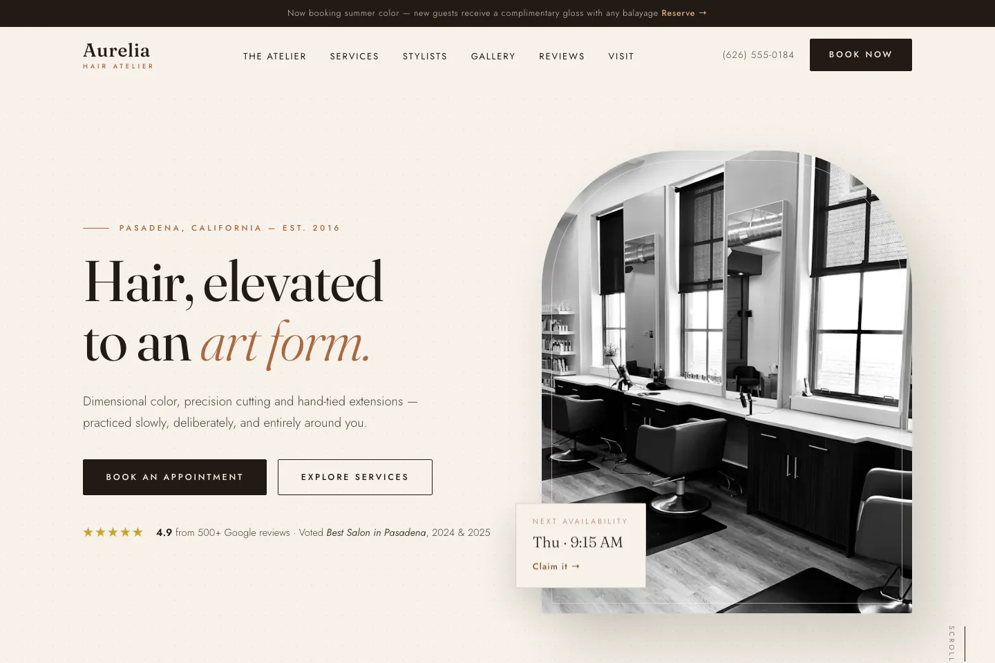 Aurelia Hair Atelier website homepage