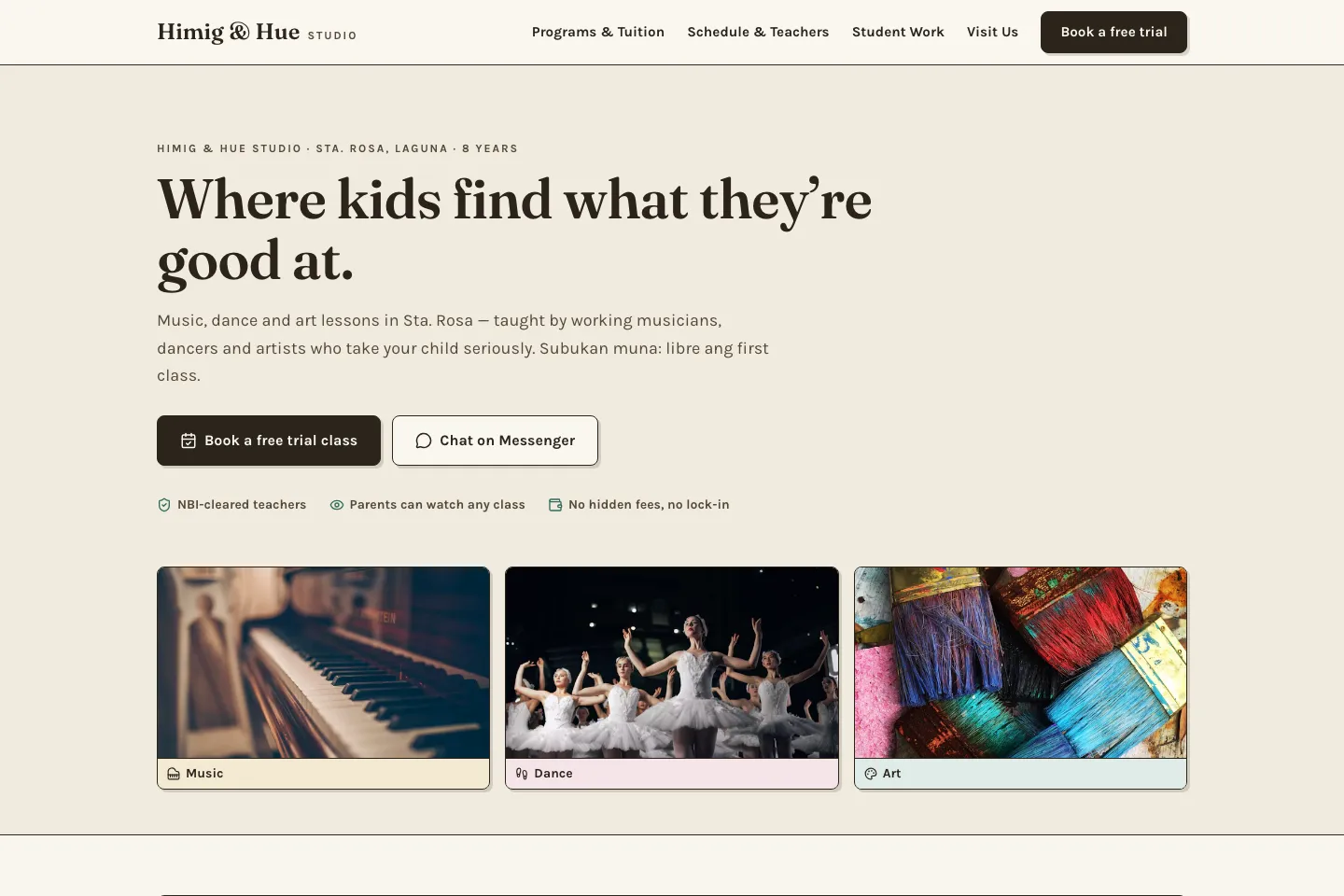 Himig & Hue Studio website homepage
