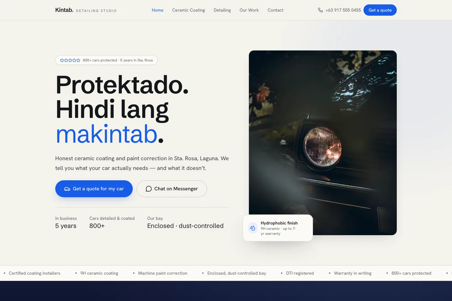 Kintab Detailing Studio website homepage