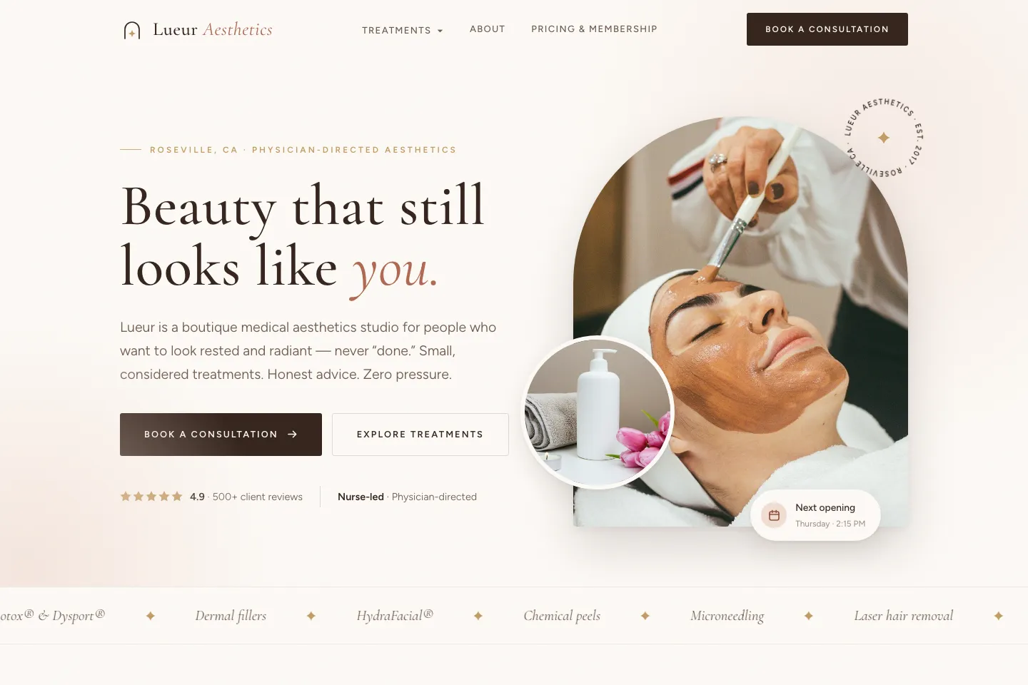 Lueur Aesthetics website homepage