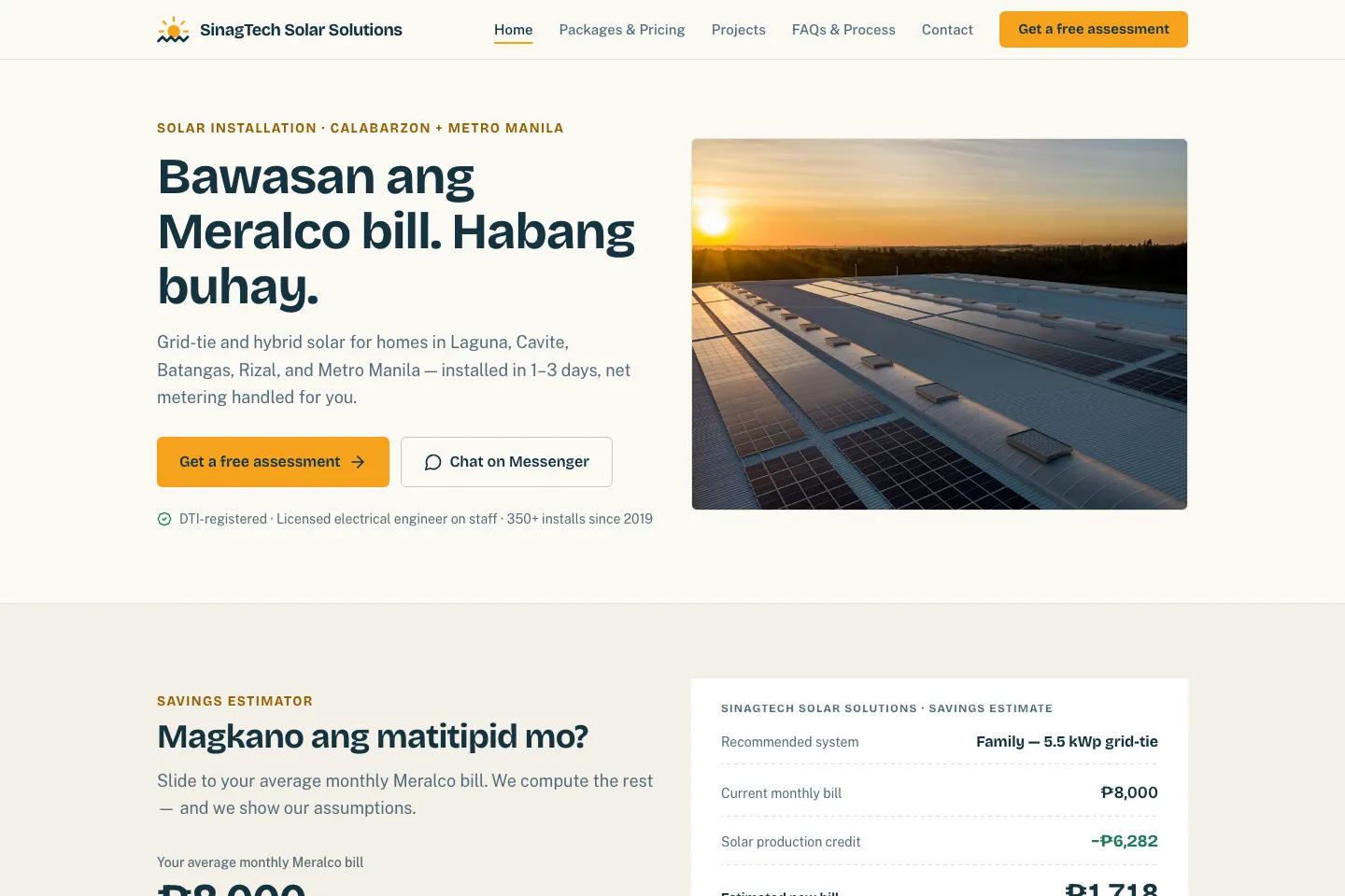 SinagTech Solar Solutions website homepage