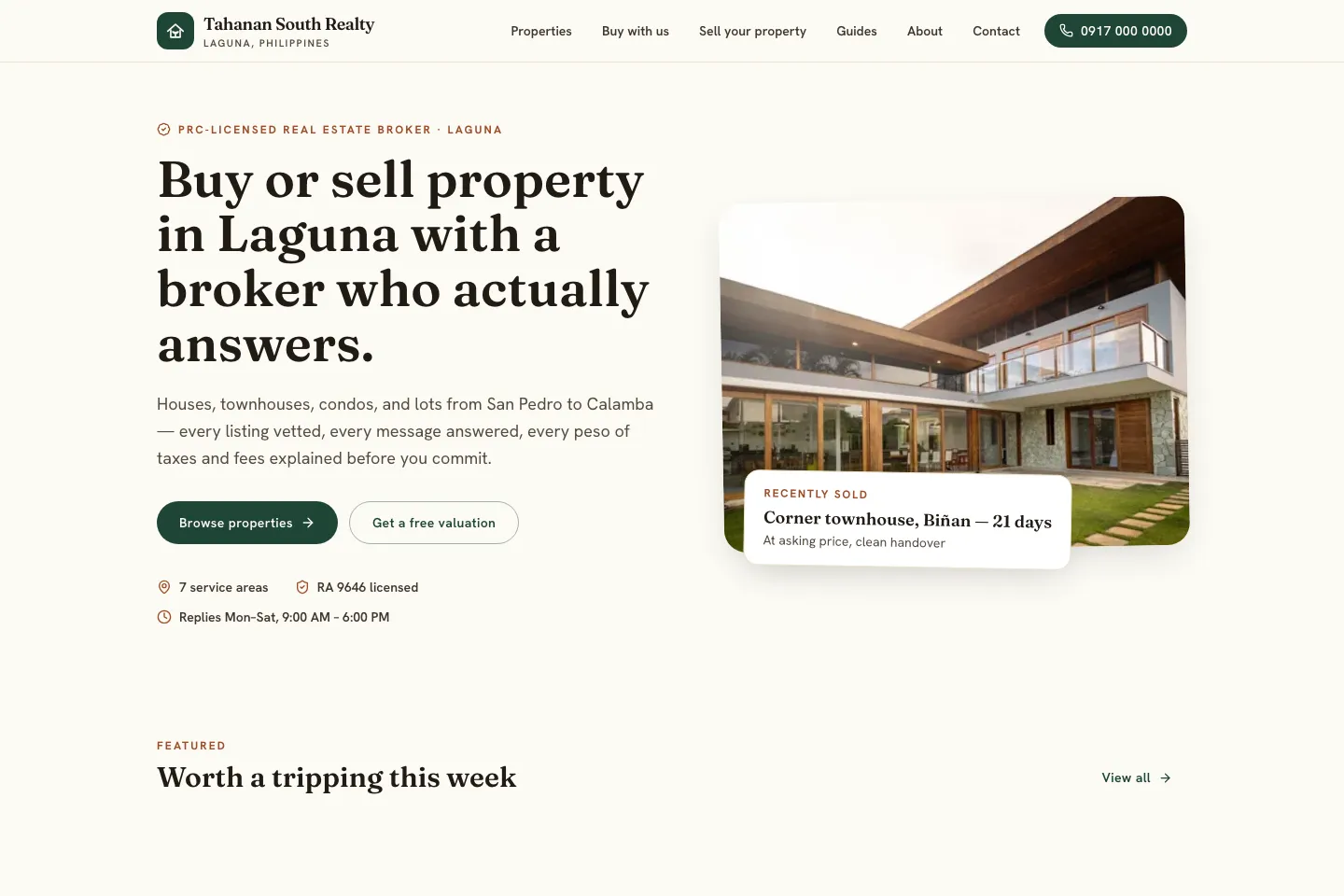 Tahanan South Realty website homepage