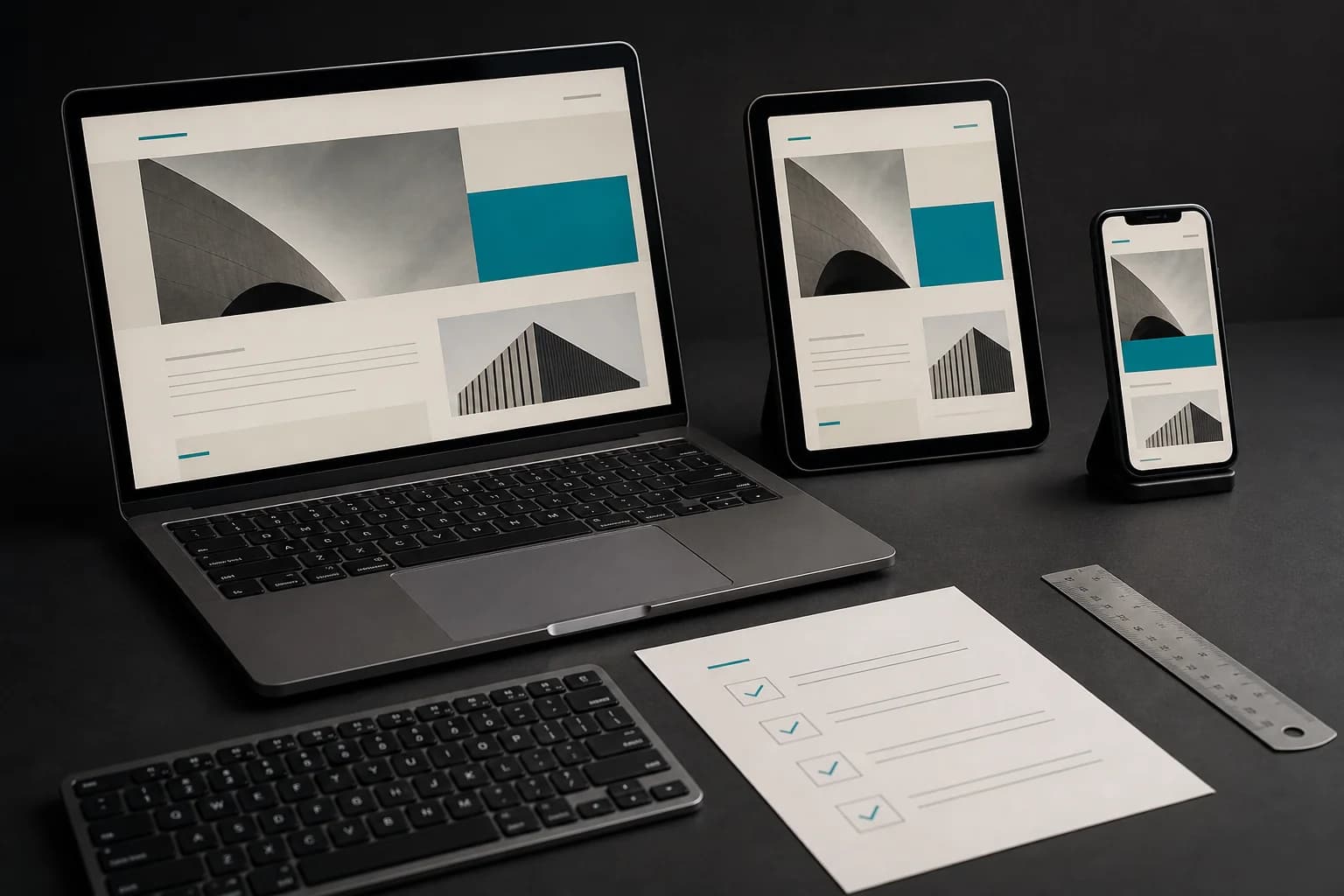 Laptop, tablet, and phone showing coordinated responsive page layouts.