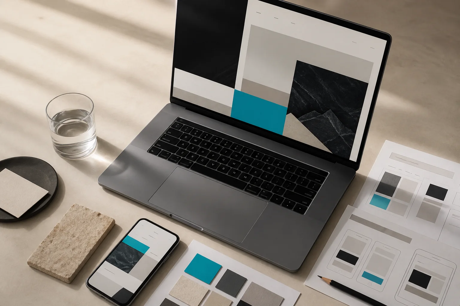 Laptop and phone displaying a website layout beside printed design boards